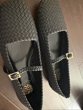 Vince Camuto Black Braided Mary Jane Flats with Gold Buckles